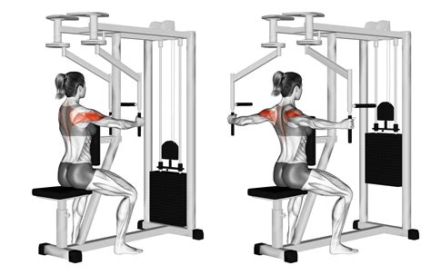 Sit on machine with back on pad. If available, push foot lever until padded lever moves forward. Place forearms on padded lever. Position upper arms approximately parallel. Release foot lever. Push levers together. Return until chest muscles are stretched.